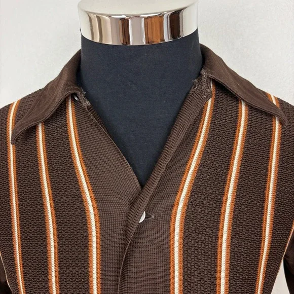 MarVista Sportswear Mens VTG Button Up Polo Shirt Sz S Short Sleeve Brown Stripe - Picture 3 of 17